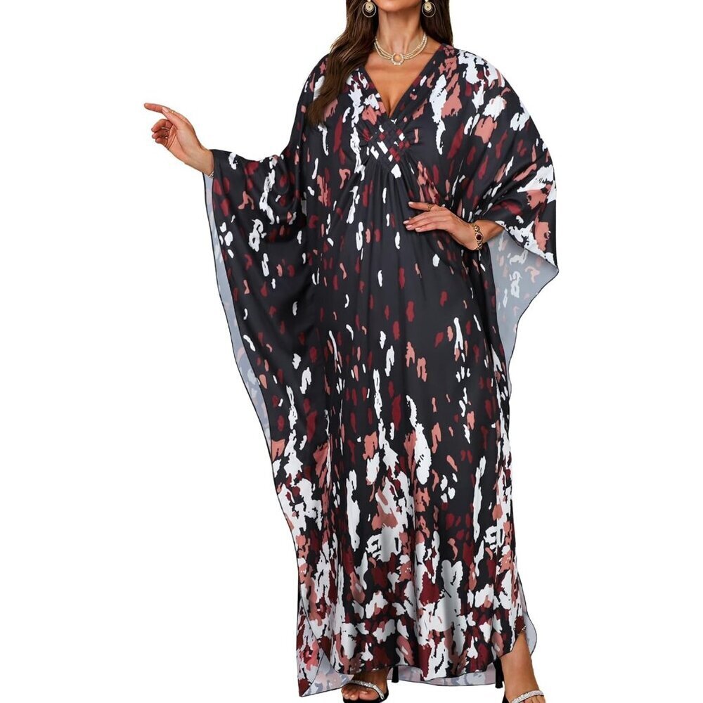 Women's Pink White Spot V-Neck Batwing Sleeves Smocked Waist Maxi Kaftan Dress